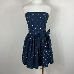 Abercrombie Fitch Dress Womens Medium Navy Polka Dot Strapless Belted Skater